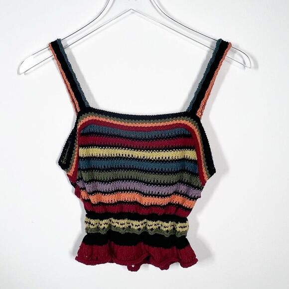 Zara Women’s Size Small Multicolor Striped Crochet Knit Ruffle Bottom Tank Top - Picture 5 of 11